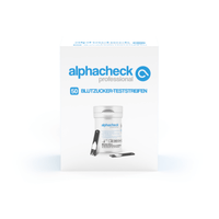 The image shows a package of Alphacheck Professional blood glucose test strips | Package (50 strips) by Berger Med GmbH. The front of the package shows a container of test strips and a single test strip. The package features text in German, including the phrase “Blutzucker-Teststreifen” and the number 50, making it ideal for diabetes monitoring.