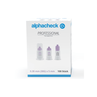 A box of Alphacheck Professional Pen Needles PLUS, various sizes, for insulin injections. The box shows a picture of the sterile needles and lists the size: 0.30 mm (30G) x 5 mm. It contains 100 pieces from Berger Med GmbH.