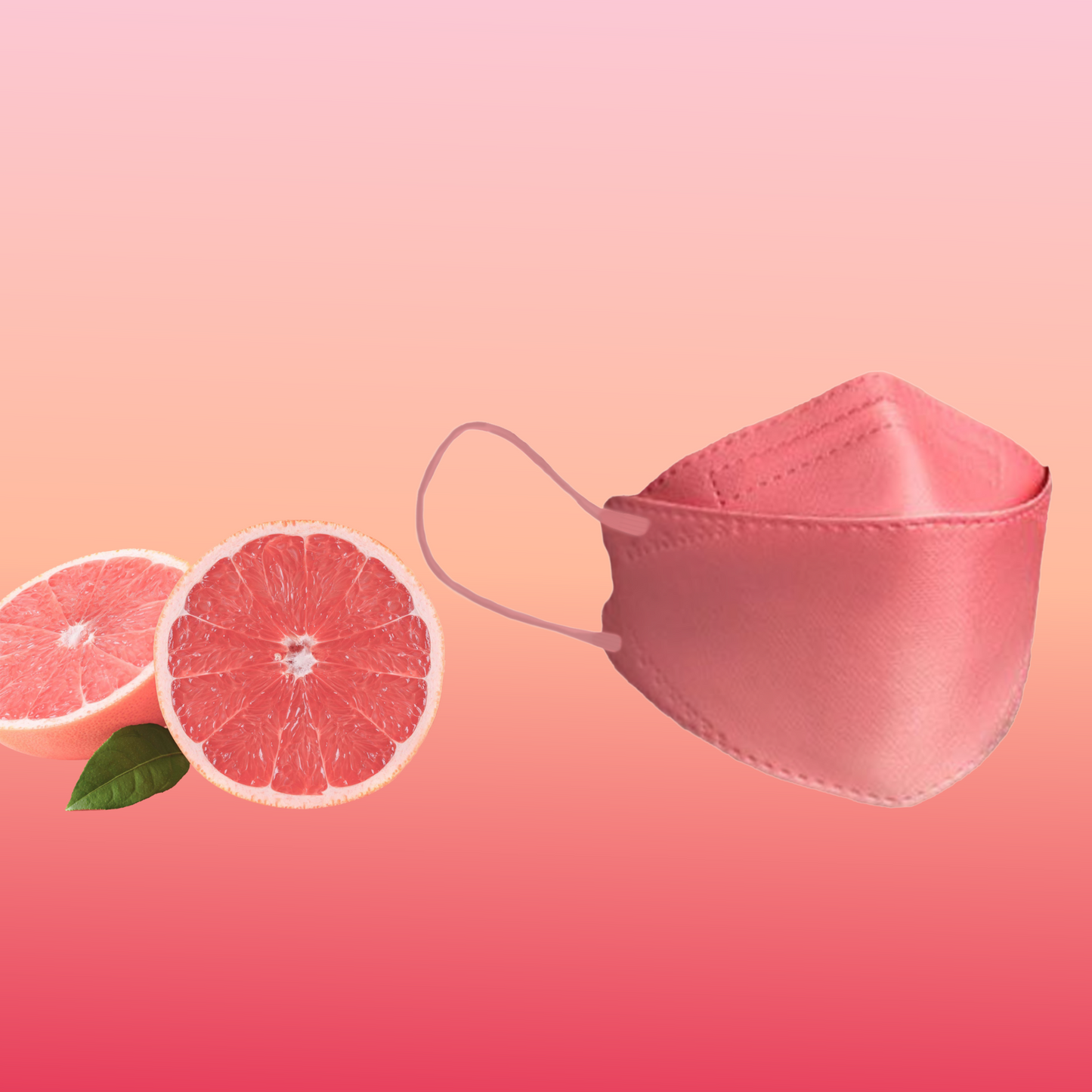 Eine partikelfiltrierende Altruan Designer-Gesichtsmaske (FFP2-Standard) ist elegant neben zwei Grapefruithälften auf einem rosa Hintergrund mit Farbverlauf positioniert und unterstreicht ihr stilvolles Design und ihre ergonomische Passform.