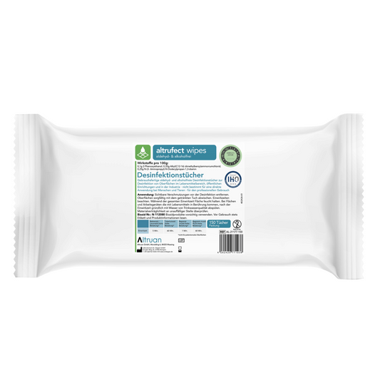 Eine Packung Altruan Altrufect® Wipes Flächendesinfektionstücher, verschiedene Varianten, mit Marken- und Produktinformationen auf dem Etikett. Die Packung enthält 150 alkoholfreie Desinfektionstücher und enthält Angaben auf Deutsch, wie „Flächendesinfektion“ und Gebrauchsanweisungen. Die Verpackung ist überwiegend weiß mit grünen und blauen Akzenten.