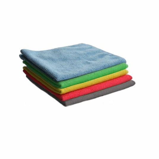 Un set di panni in microfibra Arcora BASIC-LINE nei colori blu, verde, giallo e rosso è disposto in modo ordinato su uno sfondo bianco; ideale per la pulizia di routine.