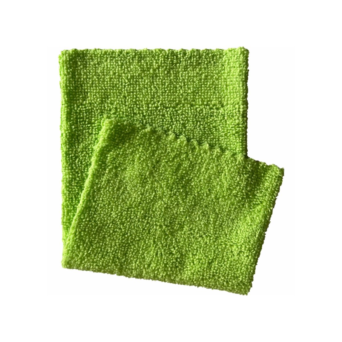 Deux chiffons en microfibre vert citron Arcora ECO-LINE de la société Arcora International GmbH avec une surface douce et structurée et des bords légèrement irréguliers sont posés à plat et partiellement superposés. Ils sont parfaits pour une désinfection efficace des surfaces dans divers environnements.