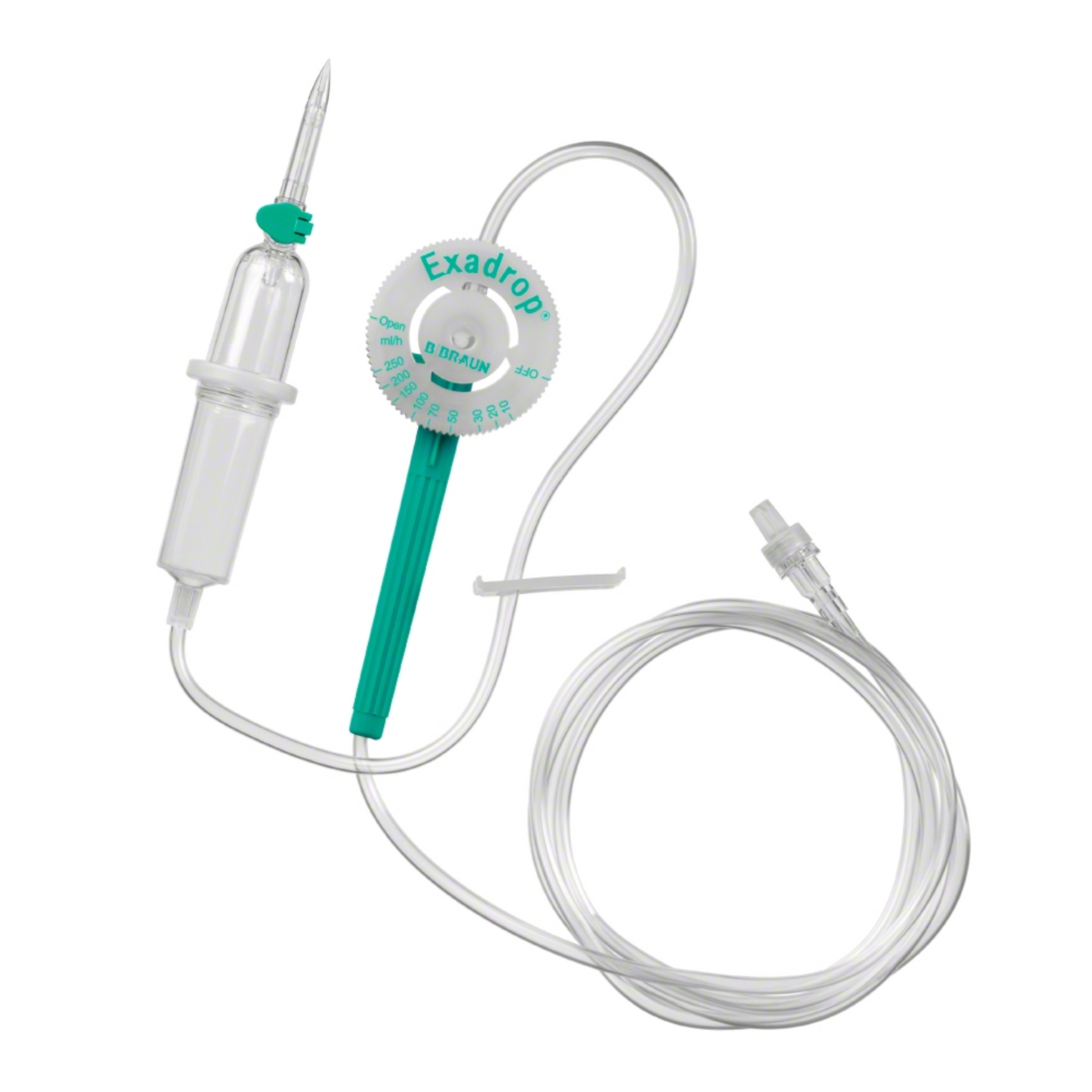 Das B. Braun Exadrop® Infusionsgerät mit Präzisions-Tropfenregler von B. Braun Deutschland GmbH & Co. KG ermöglicht eine präzise Infusionstherapie. Dieses 150 cm lange Set enthält einen durchstechbaren Dorn, eine Tropfkammer, einen grünen Regler und einen durchsichtigen Kunststoffschlauch mit Endverbinder zur einfachen Integration in jede Infusionseinrichtung.