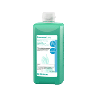 The B. Braun Promanum® pure hand sanitizers from the B. Braun Deutschland GmbH & Co. KG is a green 500-ml bottle containing a skin-friendly, alcohol-based hand sanitizer, featuring a label with product details and an image of hands, as well as a white cap.