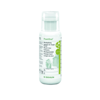 Una bottiglia bianca e verde da 250 ml con la scritta «B. Braun "La soluzione per il risciacquo orale ProntOral® per la decolonizzazione da MRE" lo dimostra B. Braun- Il logo, un’immagine raffigurante due volti in silhouette, un testo multilingue che include la dicitura «collutorio» e un tappo bianco.