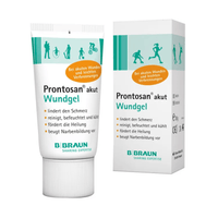 La photo montre un tube et une boîte B. Braun Gel pour plaies Prontosan® akut - 30, conçu pour un soin efficace des plaies. L'emballage, principalement blanc avec des touches de vert et d'orange, indique que le produit est destiné aux petites plaies et aux brûlures. Il comporte un texte en allemand et le logo de B. Braun Allemagne GmbH & Co. KG.