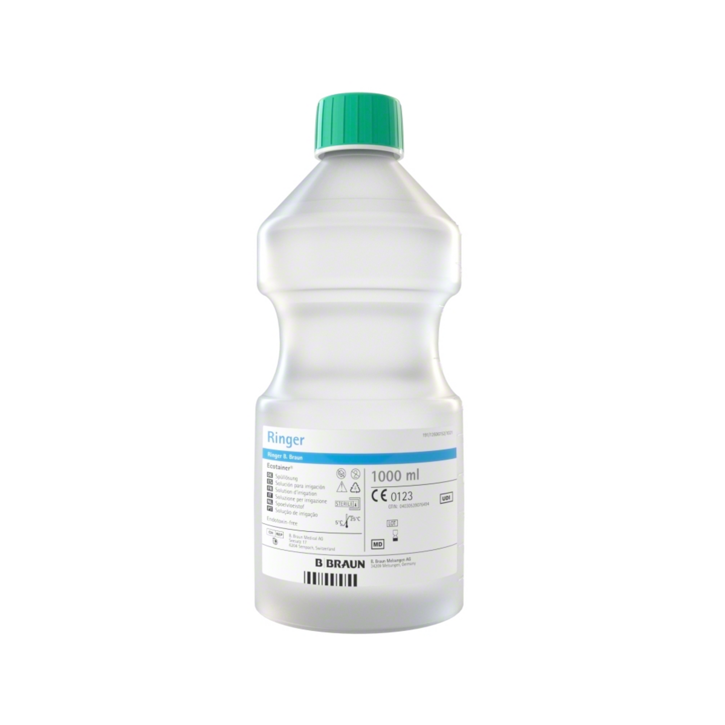 Eine 1000 ml Lösung befindet sich in einer durchsichtigen Polypropylen-Plastikflasche mit grünem Verschluss und der Aufschrift „B. Braun Ringer Ecotainer® Topische Spüllösung“. Das Etikett enthält Produktdetails, Volumeninformationen und das CE-Zeichen. Der Name des Herstellers, B. Braun Deutschland GmbH & Co. KG, ist auf dem Boden der Flasche aufgedruckt.