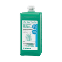 A green bottle “B. Braun "Softa-Man® ViscoRub Hand Sanitizer and Care" from the B. Braun Deutschland GmbH & Co. KG, with a note regarding skin compatibility. The label lists ethanol and 1-propanol as ingredients; it also features an image of two hands and additional text in German.