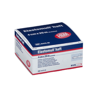 Le produit présenté est un paquet de BSN Elastomull® haft, une bande de fixation élastique de 4 cm x 20 m. L'emballage est principalement bleu et blanc, rehaussé de touches de rouge, et comporte un texte multilingue qui met en avant le fait que ce produit est une bande cohésive en polymère sans latex et souligne sa fonction de bande élastique cohésive. La marque à l'origine de ce produit est BSN Medical GmbH.