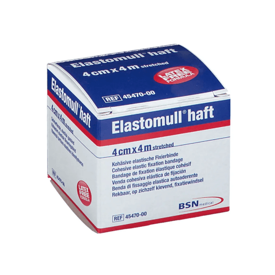 A box of BSN Elastomull® Haft, an elastic adhesive bandage made with a latex-free polymer. The packaging is white with blue and red text; the size is listed as 4 cm x 4 m when stretched; label by BSN Medical GmbH.