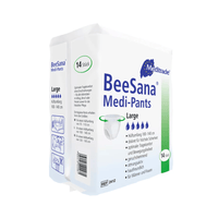 The packaging for BeeSana® Medi-Pants, large incontinence pants, features a white-and-blue box containing 14 incontinence briefs. Icons illustrate how to use the product, and the text highlights features such as breathability and comfort, with a reference to Meditrade GmbH.