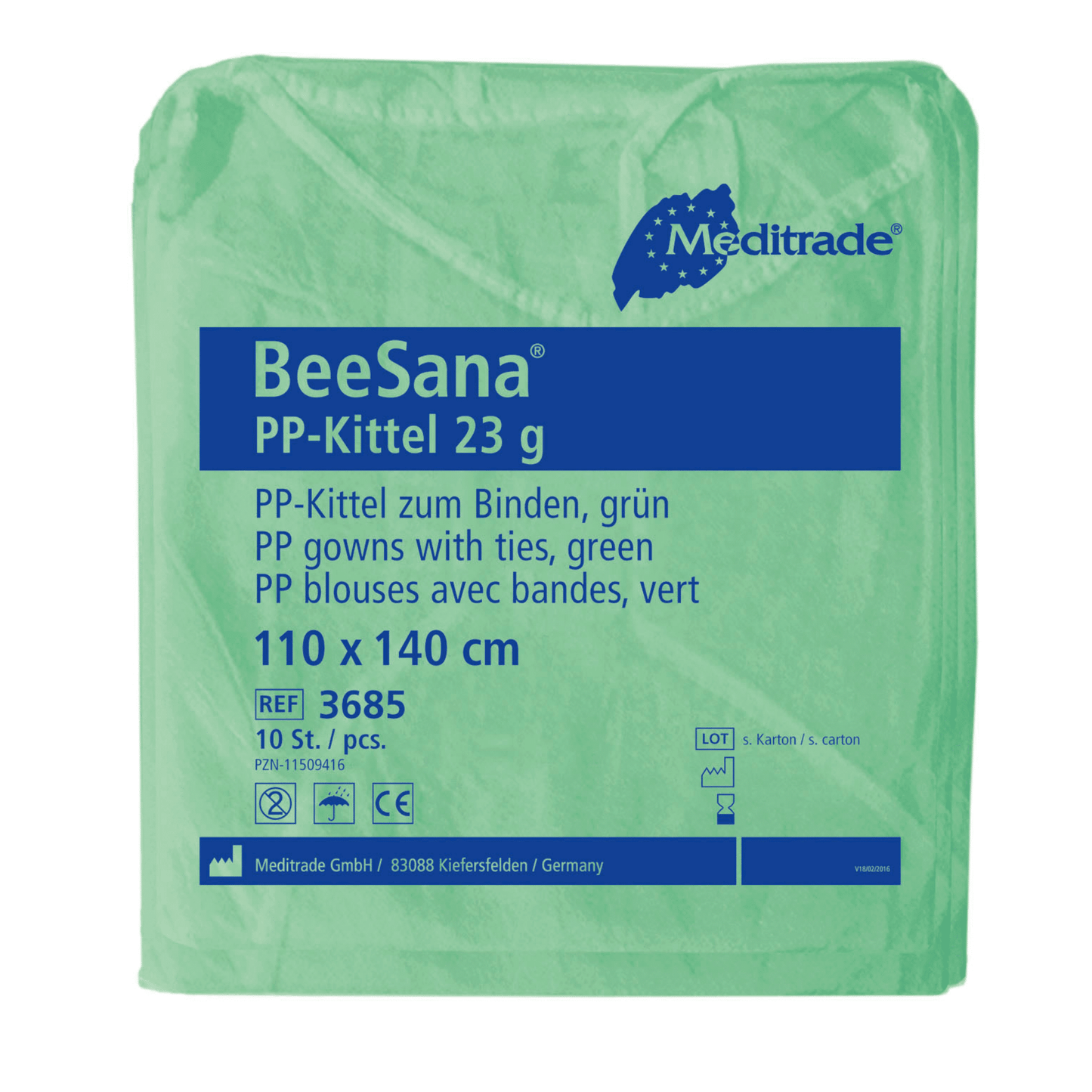 Une boîte verte Meditrade BeeSana® PP-Kittel 23g contient un texte en allemand et en français, décrivant la blouse de protection jetable respirante avec des rubans de dimensions 110 x 140 cm. Chaque boîte de Meditrade GmbH contient 100 pièces.