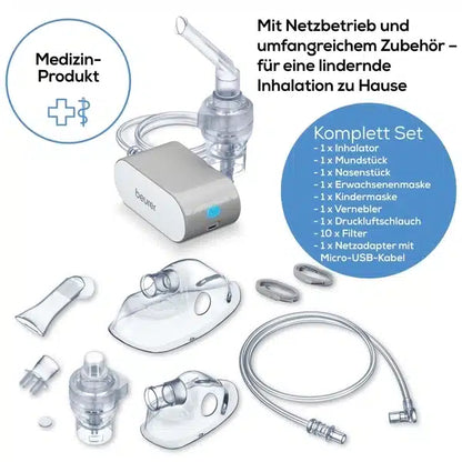 Der Auslaufartikel: Beurer kleiner Inhalator IH 58 der Beurer GmbH ist ein kompaktes medizinisches Inhalationsset mit Masken, Schläuchen und Anschlüssen - ideal für die lindernde Heimtherapie bei Asthma und anderen Atemwegserkrankungen.