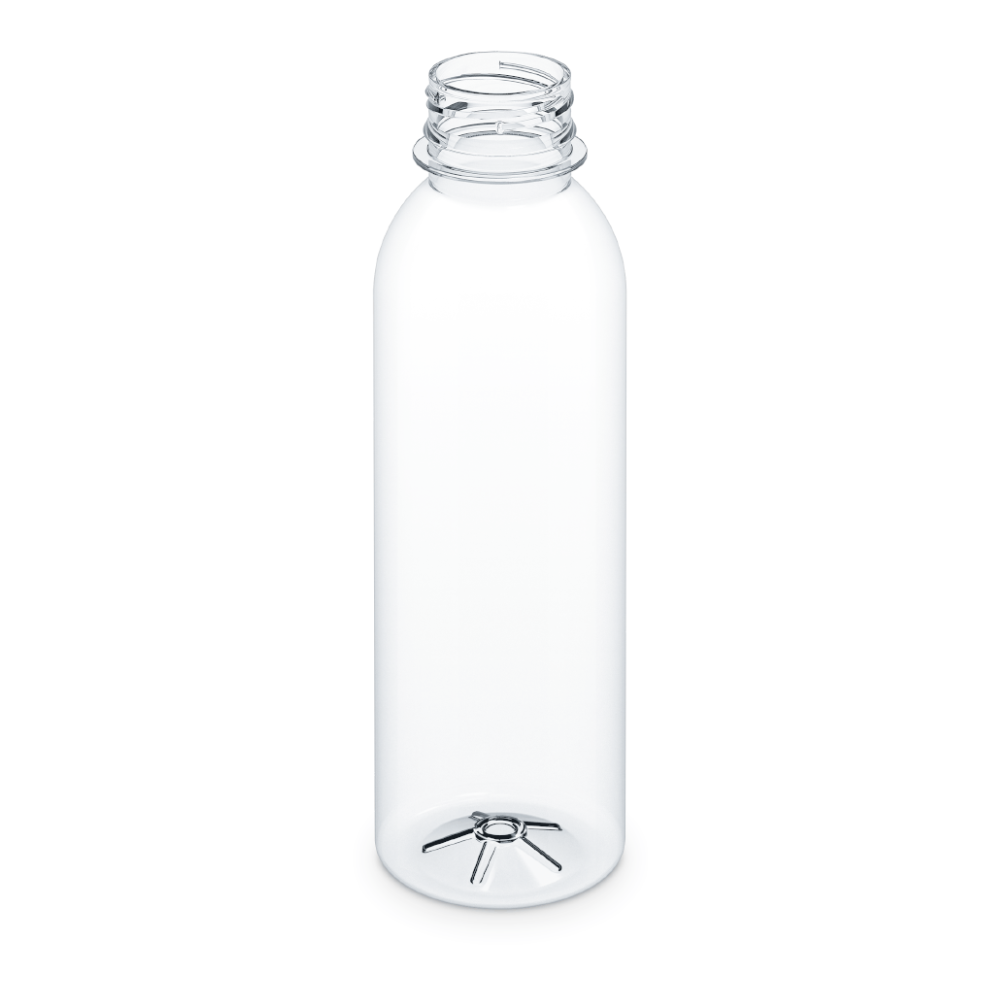 Eine klare, leere Plastikflasche mit zylindrischer Form und Schraubverschluss. Die Flasche ähnelt einer Beurer LV 50 / LB 12 Ersatzflasche für Luftbefeuchter der Beurer GmbH, hat eine sternförmige Einkerbung am Boden und steht auf einem weißen Hintergrund.