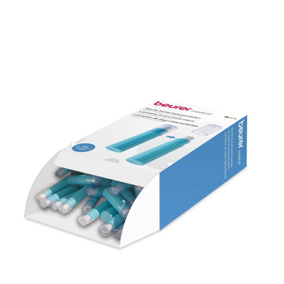 A box with sterile, flexible protective covers for digital thermometers for single use from Beurer GmbH. The packaging is blue and white and shows the product, which is mainly aquamarine with white tips.
