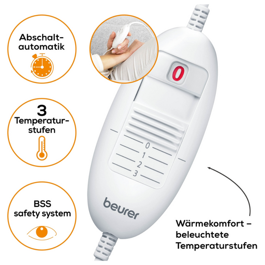 Das Beurer Spann-Wärmeunterbett UB 64, ein Produkt der Beurer GmbH, ist ein weißer Heizungsregler mit einem roten Einschaltknopf und deutlich gekennzeichneten Temperatureinstellungen von 0 bis 1-3 (3 Temperaturstufen). Es verfügt über vier Hauptfunktionen: automatische Abschaltung, OEKO-TEX® STANDARD 100-Zertifizierung, BSS-Sicherheitssystem und beleuchtete Temperaturstufen.
