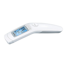 Der Auslaufartikel: Beurer kontaktloses Fieberthermometer FT 90 der Beurer GmbH ist weiß mit beleuchtetem Display, geschwungenem Griff und Tasten; es zeigt Temperatur und Symbole auf einem schlichten weißen Hintergrund.
