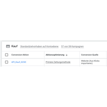 Screenshot einer digitalen Schnittstelle, die Kaufeinstellungen für Kampagnen vom Weclapp- zum Google Offline-Conversion-Upload anzeigt, mit Optionen für Conversion-Aktion, Aktionsoptimierung und Conversion-Quelle, präsentiert auf Deutsch von Altruan.