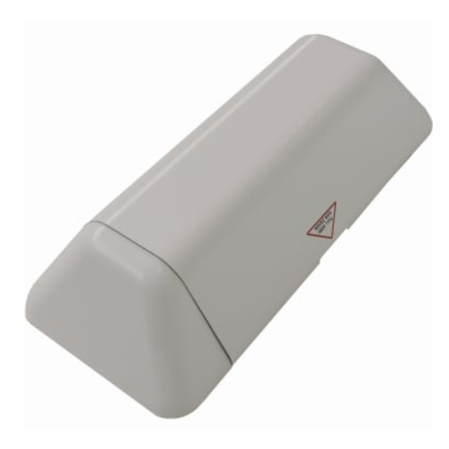 Der Novocal help Feuerlöscher-Schrank ist ein rechteckiger, hellgrauer Kunststoffschrank mit abgeschrägter Oberseite, Warndreieck-Etikett und sauberen Kanten - ein schlichtes, funktionales Design, ideal für Brandschutz-Anwendungen.