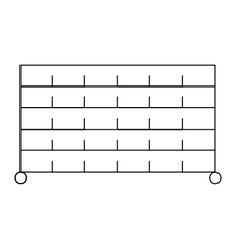 Ein schwarz-weißes Diagramm zeigt ein 5x5-Raster mit Kreisen an jeder unteren Ecke, das den Novocal Sortierregalwagen aus Präzisionsstahl, vernickelt und hochglanzverchromt, mit 4 Eckpfosten (1 Stück) illustriert.