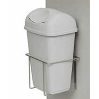 A Novocal plastic trash can (15 liters, gray, with a lid) sits in a metal wall mount attached to a light-colored wall.