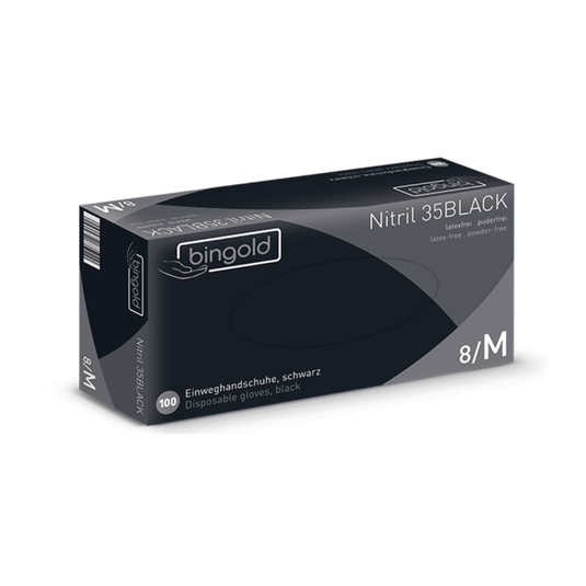 Viene presentata una confezione di guanti in nitrile Bingold 35BLACK neri, un prodotto della BINGOLD GmbH + Co. KG. Questi guanti di taglia media sono ideali per gli ambienti in cui è richiesta l’igiene, sono privi di lattice e di talco e presentano un’etichetta multilingue sulla confezione.