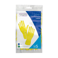 Les gants de protection Bingold en latex, taille 7/S, sont livrés dans un emballage transparent muni d'une étiquette imprimée représentant des gants jaunes. Le texte en allemand précise qu'il s'agit de latex naturel destiné à un usage professionnel dans le domaine du nettoyage.