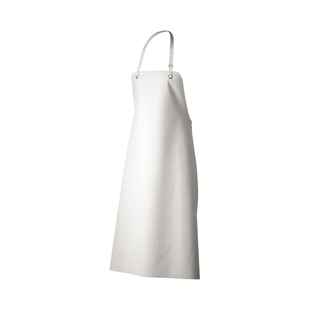 Le tablier Guttasyn de Burgia Workwear (blanc, 1 pièce) est illustré sur un fond blanc. Il est fabriqué en matériau lisse et légèrement brillant, possède une sangle de cou réglable, une surface lavable et offre une protection idéale pour les vêtements de travail.