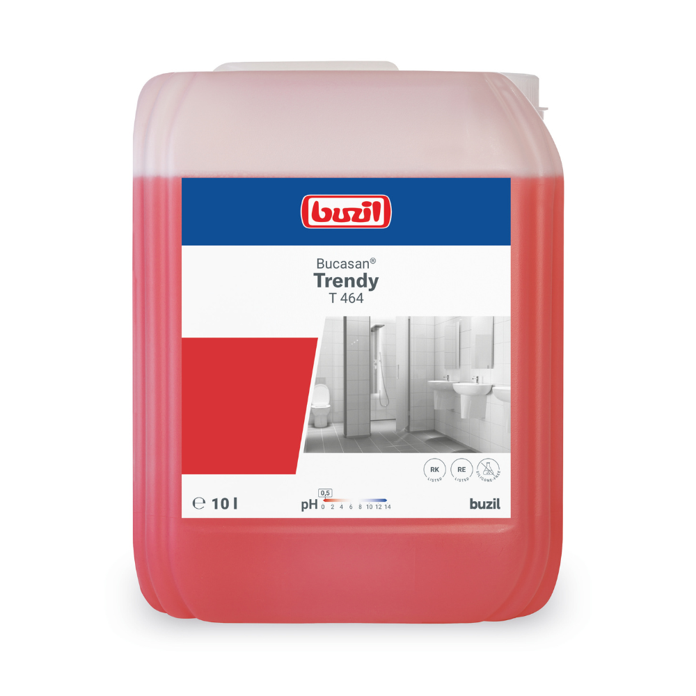 Un conteneur de 10 litres de Buzil Bucasan® Trendy T 464 Nettoyant sanitaire intensément parfumé de BUZIL-WERK Wagner GmbH & Co. KG est conçu pour l'élimination du calcaire. L'étiquette montre une image de salle de bain, avec le nom du produit et la valeur du pH clairement visibles. Ce liquide rouge assure une brillance sans traces dans votre routine de nettoyage.