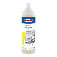 Eine 1-Liter-Flasche Buzil Budenat® Intense D 443 Hocheffizienter Desinfektionsreiniger von BUZIL-WERK Wagner GmbH & Co. KG ist mit blau-rotem Branding und Bildern versehen, die saubere Umgebungen repräsentieren. Sie enthält pH-Angaben und Gebrauchsanweisungen und ist damit ideal für HACCP-Konzept-Anwendungen, um eine bakterizide Wirksamkeit in professionellen Umgebungen sicherzustellen.