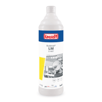 Un flacon d'un litre de Buzil Budenat® LM D 447, un désinfectant respectueux des matériaux destiné aux surfaces sensibles. L'étiquette arbore le logo de la marque BUZIL-WERK Wagner GmbH & Co. KG en rouge et blanc, accompagné d'illustrations représentant des situations de nettoyage. Le flacon, principalement blanc, est agrémenté d'éléments bleus et jaunes.