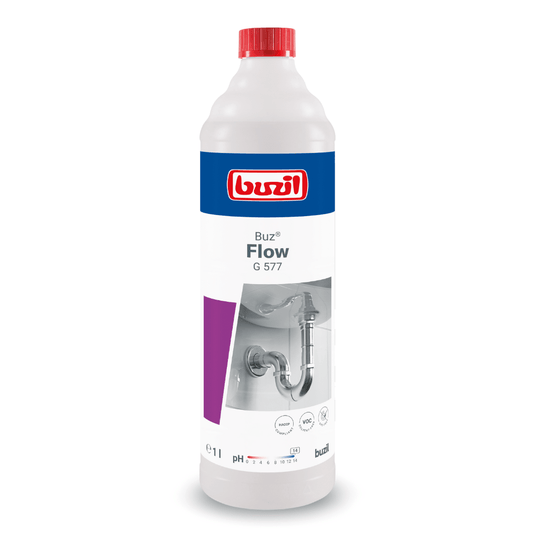 Una bottiglia da 1 litro di Buzil Buz® Flow G 577, detergente liquido per tubature, prodotto da BUZIL-WERK Wagner GmbH & Co. KG. L’etichetta riporta un’immagine relativa agli impianti sanitari e il logo del prodotto. La bottiglia, prevalentemente bianca, è impreziosita da dettagli rossi, blu e viola ed è dotata di un tappo rosso, che serve a eliminare efficacemente gli intasamenti negli scarichi.