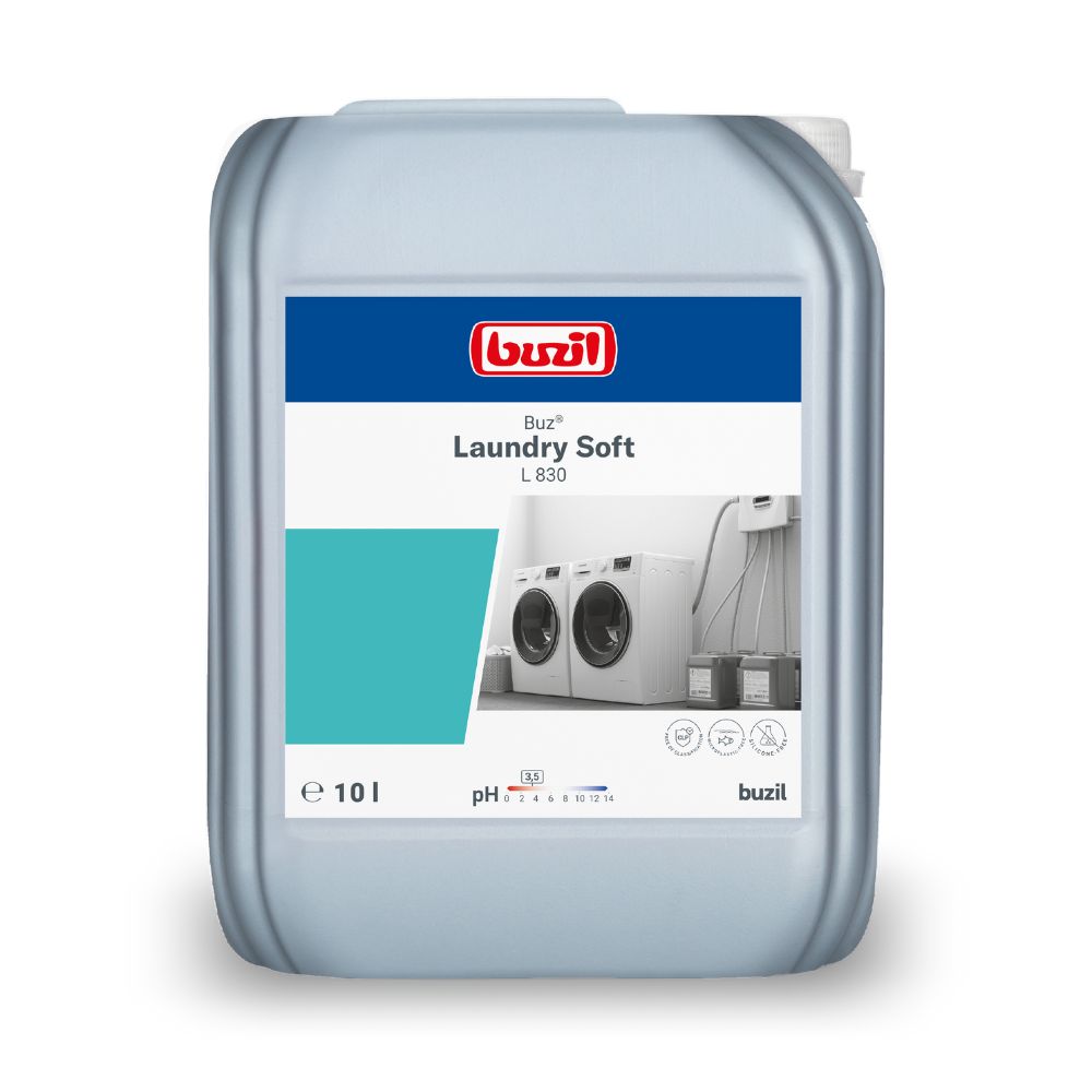 Ein 10-Liter-Kanister in Grau mit Buzil Buz® Laundry Soft L 830 von BUZIL-WERK Wagner GmbH & Co. KG, ideal für professionelle Wäschereien. Auf dem Etikett sind Waschmaschinen und wichtige Produktdetails wie pH-Wert und Messsymbole abgebildet, um eine optimale Textilpflege zu gewährleisten.