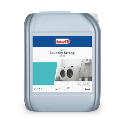 Der 20-Liter-Behälter des Buzil Buz® Laundry Strong L 831 Flüssiger Waschkraftverstärker von BUZIL-WERK Wagner GmbH & Co. KG ist mit einem Etikett mit Waschmaschinenmotiven versehen und betont seine außergewöhnliche Reinigungskraft. Das Etikett auf der Vorderseite enthält neben dem Buzil-Logo auch Angaben zum pH-Wert und garantiert so eine kraftvolle Reinigung bei jeder Anwendung.