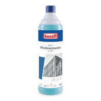 Un flacon de Buzil Buz® Windowmaster G 525, nettoyant concentré pour vitres et fenêtres de la société BUZIL-WERK Wagner GmbH & Co. KG, muni d'un bouchon bleu et d'une étiquette représentant un bâtiment doté de fenêtres en verre. Le flacon promet un nettoyage sans traces et indique une contenance de 1 litre ainsi que des informations sur le pH pour une efficacité optimale.
