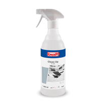 A white spray bottle labeled “Buzil Clean Up G 555 Ready-to-Use Special Stain Remover” by BUZIL-WERK Wagner GmbH & Co. KG features a red-and-blue logo. It has a capacity of 600 ml and displays an image of a floor and a person mopping. The label is designed for industrial use and highlights the pH value, the mild formula, and the effective cleaning performance.