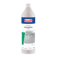A 1-liter bottle of Buzil Corridor® Complete S 732 Multi-Purpose Emulsion Surface Cleaner from BUZIL-WERK Wagner GmbH & Co. KG is designed for water-resistant floors. The packaging features a blue label with red and green accents that highlights an image of a clean floor and its multipurpose emulsion formula, as well as pH information and usage instructions.