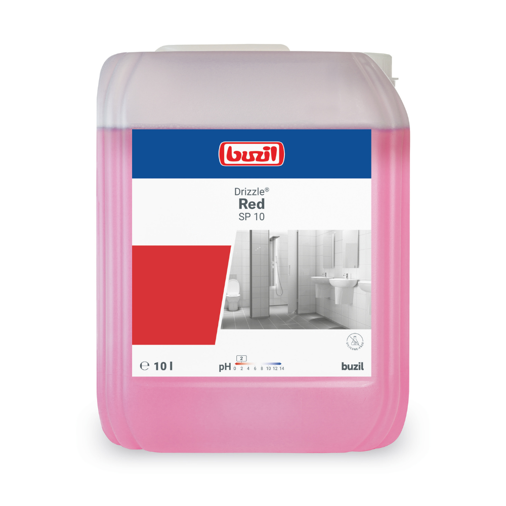 Un récipient en plastique rectangulaire de 10 litres avec Buzil Drizzle® Red SP 10 Nettoyant moussant sanitaire prêt à l'emploi, fabriqué par BUZIL-WERK Wagner GmbH & Co. KG, contient un liquide rose avec un pH de 3,5 et présente des images de salles de bains sur l'étiquette qui mettent en avant ses excellentes performances de nettoyage.