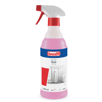 Un flacon pulvérisateur portant l'inscription « Buzil Drizzle® Red SP 10 Nettoyant moussant sanitaire prêt à l'emploi » de BUZIL-WERK Wagner GmbH & Co. KG contient 600 ml de mousse nettoyante pour salle de bains pour une performance optimale. Le liquide rose se trouve dans une bouteille avec une buse rouge et blanche, et une salle de bains est illustrée sur l'étiquette.