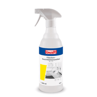 Un vaporisateur blanc muni d'une tête de pulvérisation porte l'inscription en allemand « Buzil Désinfectant de surfaces SE 112 prêt à l'emploi » et contient 600 ml de désinfectant hygiénique pour surfaces. L'étiquette, qui comporte un motif de cuisine et le logo de la marque BUZIL-WERK Wagner GmbH & Co. KG bien en évidence sur le bord supérieur, garantit l'efficacité du produit contre les virus.