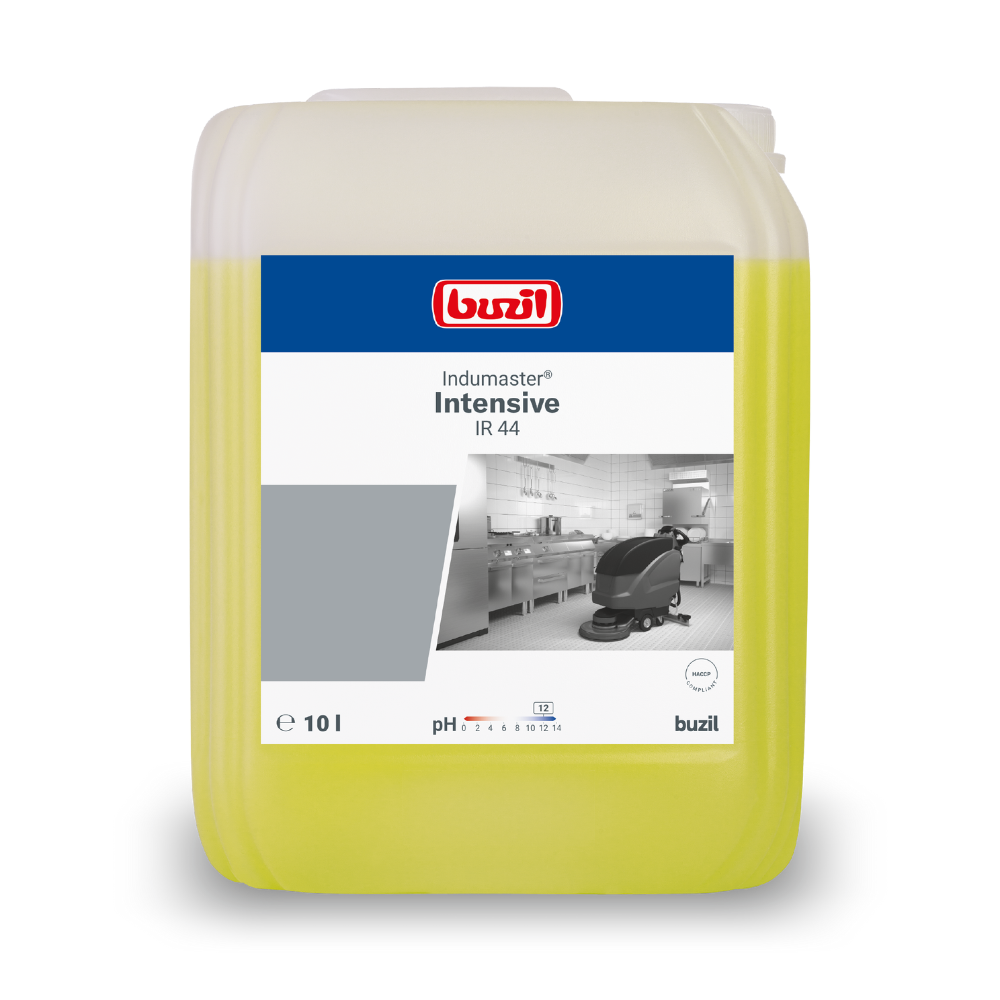 Ein weiß-blauer 10-Liter-Kanister der BUZIL-WERK Wagner GmbH & Co. KG mit der Aufschrift „Buzil Indumaster® Intensive IR 44 Phosphatfreier Küchen-Industriereiniger“ zeigt das Bild einer Reinigungsmaschine in einer industriellen Umgebung sowie Angaben zum pH-Wert. Er ist perfekt für professionelle Küchen.