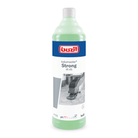 A 1-liter bottle of Buzil Indumaster® Strong IR 45, a highly alkaline industrial floor cleaner, ideal for alkali-resistant floors. The label features a blue-and-red design and a grayscale image of a floor cleaning machine, while the light green liquid inside ensures thorough fire damage restoration.