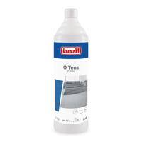A white bottle labeled “Buzil O Tens G 500 Surfactant-Free Citrate-Based All-Purpose Cleaner” by BUZIL-WERK Wagner GmbH & Co. KG features an eye-catching blue label, a red logo, and images of surfaces with low resoiling properties. This citrate-based all-purpose cleaner has a capacity of 1 liter and features symbols indicating pH and material compatibility.