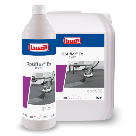 L'immagine mostra due contenitori di Buzil Optiflor® Ex G 477, detergente di base per tappeti destinato alla pulizia a spruzzo ed estrazione: una bottiglia bianca e un grande tanico, entrambi recanti il marchio della BUZIL-WERK Wagner GmbH & Co. KG.