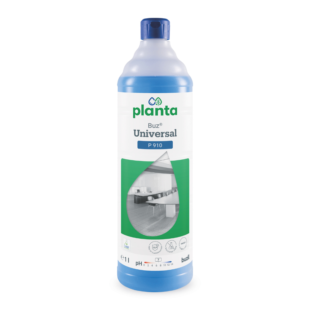 Eine 1-Liter-Flasche Buzil Planta Buz® Universal P 910 Ökologischer Universalreiniger der BUZIL-WERK Wagner GmbH & Co. KG mit blauem Verschluss und einem Etikett mit Produktdetails wie einem pH-Indikator, dem EU-Umweltzeichen und einem Raumbild.