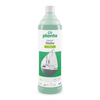 A bottle of Buzil Vamat® Dishy P 941 Eco-Friendly Dishwashing Liquid and All-Purpose Cleaner is shown, highlighting its eco-friendly properties. The white label with green accents features an image of a kitchen sink and a faucet. It contains 1 liter and displays information about the pH range as well as the brand name BUZIL-WERK Wagner GmbH & Co. KG at the bottom.