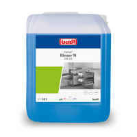 A 10-liter canister of Buzil Vamat® Rinser N DW 45 rinse aid, neutral, from BUZIL-WERK Wagner GmbH & Co. KG is an environmentally friendly dishwasher rinse aid. The blue container with a white-and-green label features an image of a commercial kitchen with dishwashers, making it perfect for highly concentrated rinsing in dishwashers.