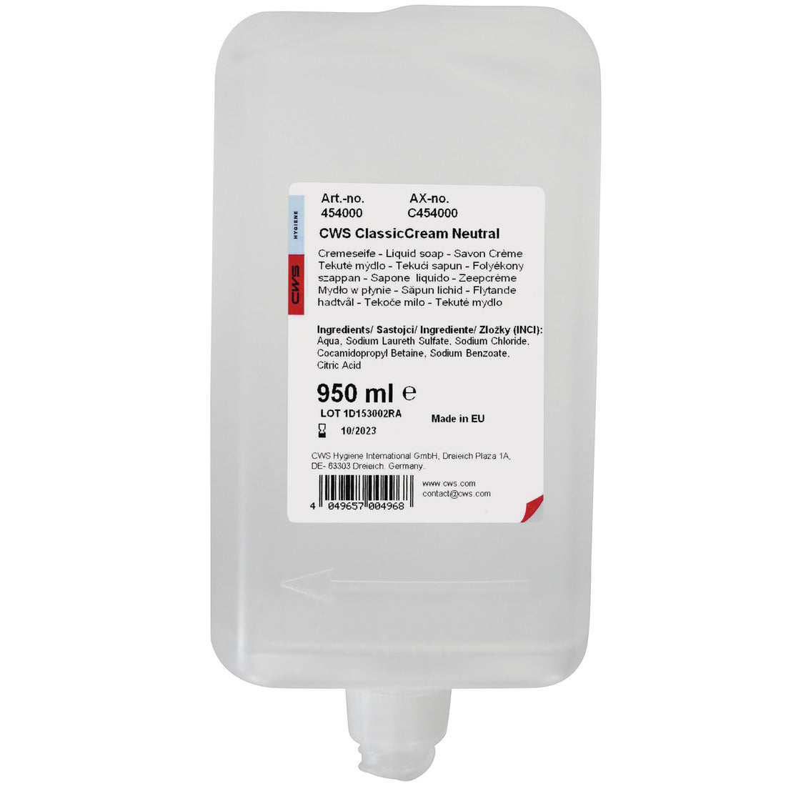 CWS soap cream 950 ml from CWS is a refill pouch with a bottom spout. The label on the front provides product information, instructions, and ingredients in multiple languages for a pleasant skin feeling.