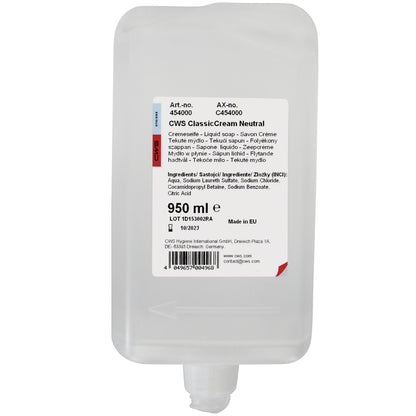 CWS soap cream 950 ml from CWS is a refill pouch with a bottom spout. The label on the front provides product information, instructions, and ingredients in multiple languages for a pleasant skin feeling.