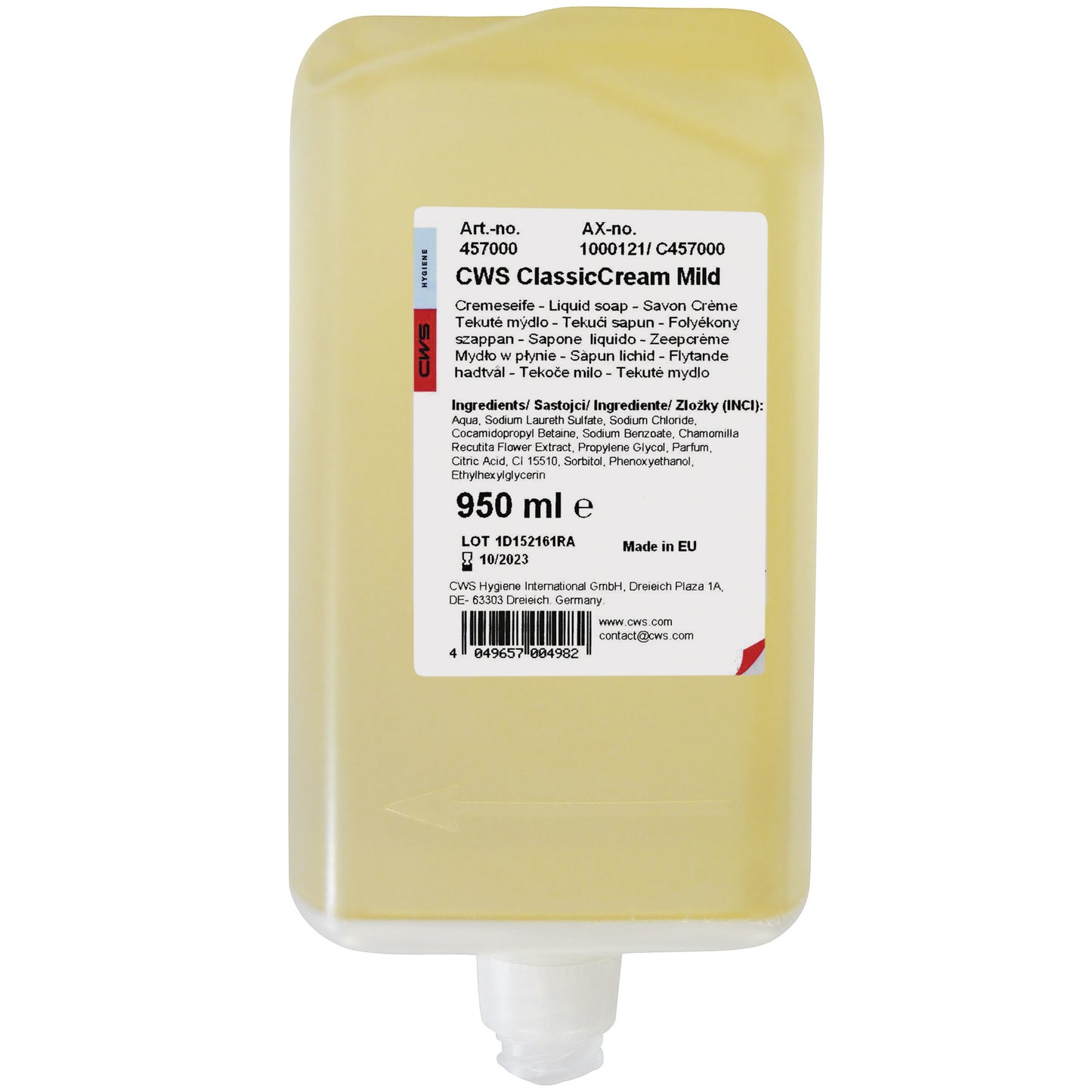 A rectangular refill container of CWS soap cream 950 ml from CWS, with a yellowish cream. The label lists product details, ingredients, barcode, and manufacturer information for a pleasant skin feeling.